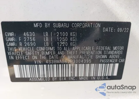 2023 Subaru Legacy из США, поврежденный, VIN 4S3BWAB62P3004395